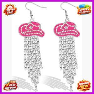 Rhinestone Cowboy Hat Drop Earrings with Tassels for Women
